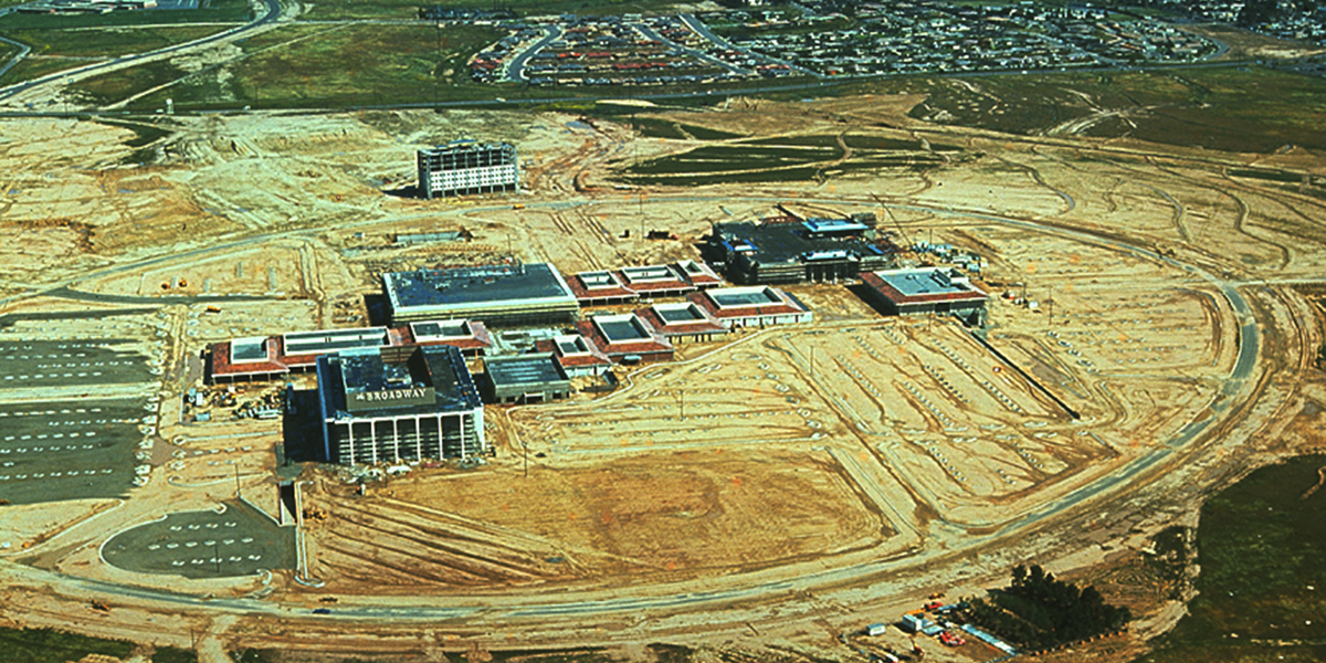 Aerial view of Fashion Island shopping center and the downtown